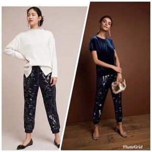 Anthropologie ett:twa Sequin Velvet Joggers Holiday Sparkle navy blue size small